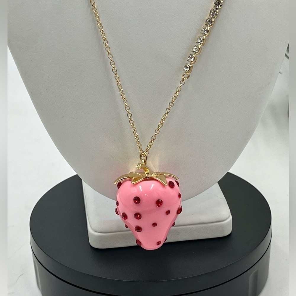 Betsy Johnson Pink Strawberry Red‎ Rhinestone Baby Cakes Necklace Gold Tone New